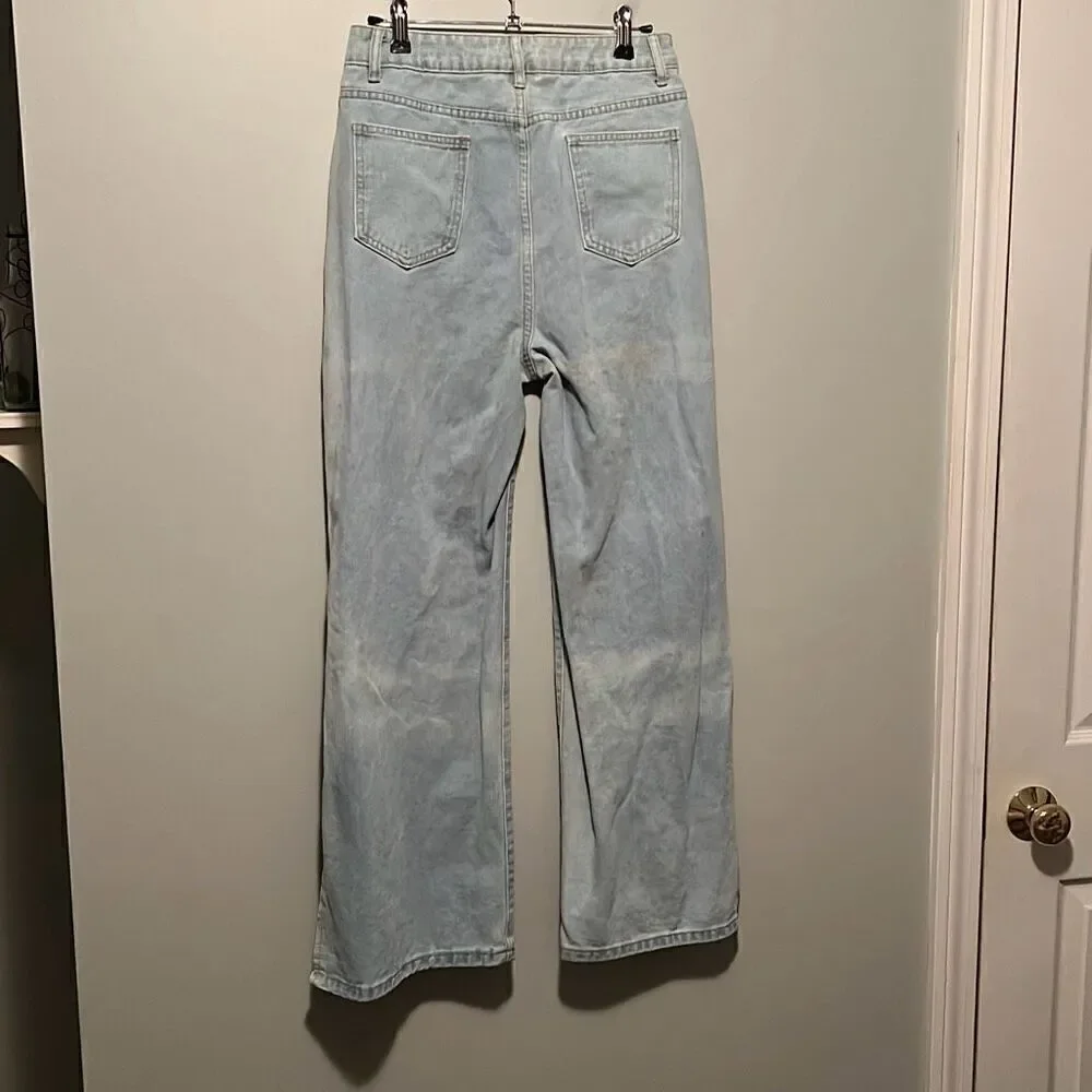 Women's Light Blue Ripped Embellished Side Slit Straight Wide Leg Jeans - Picture 6 of 10